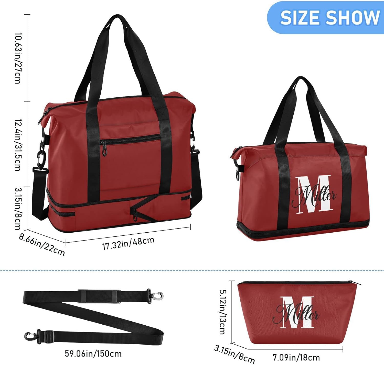 Wine Red Custom Travel Duffel Bag for Women Men Gym Bag with Shoe Compartment Wet Pocket Personalized Carry On Weekender Overnight Bags for Hospital Gym Travel
