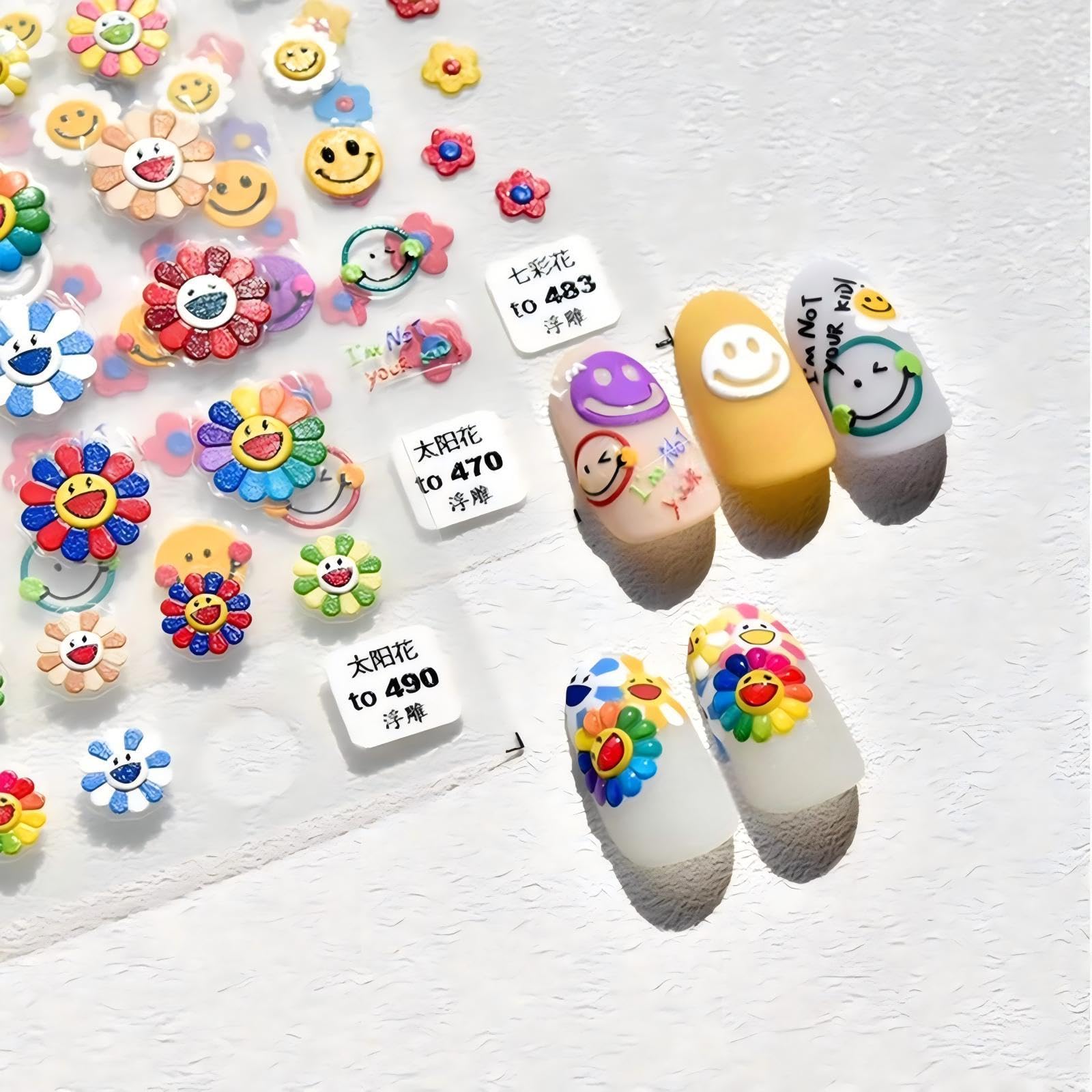 Dedyel Smile Nail Art Stickers Cute Nail Stickers Cartoon Nail Stickers 5D Embossed Smile Face Nail Stickers Kawaii Self-Adhesive Nail Stickers for Women Girls Kids Nail Art Decoration