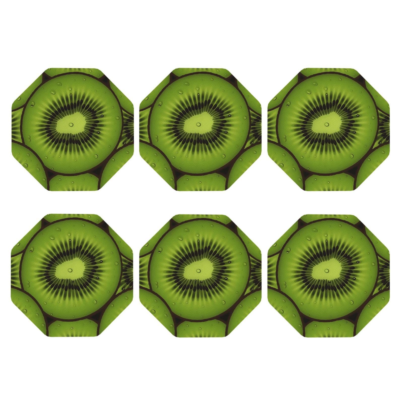 6pcs Leather Coasters for Drinks, Kiwi Slices Drink Coasters for Tabletop Protection, 4" Cup Coasters for Coffee Table Decor, Non-Slip Drinking Cup Mat for Hot Or Cold Drink