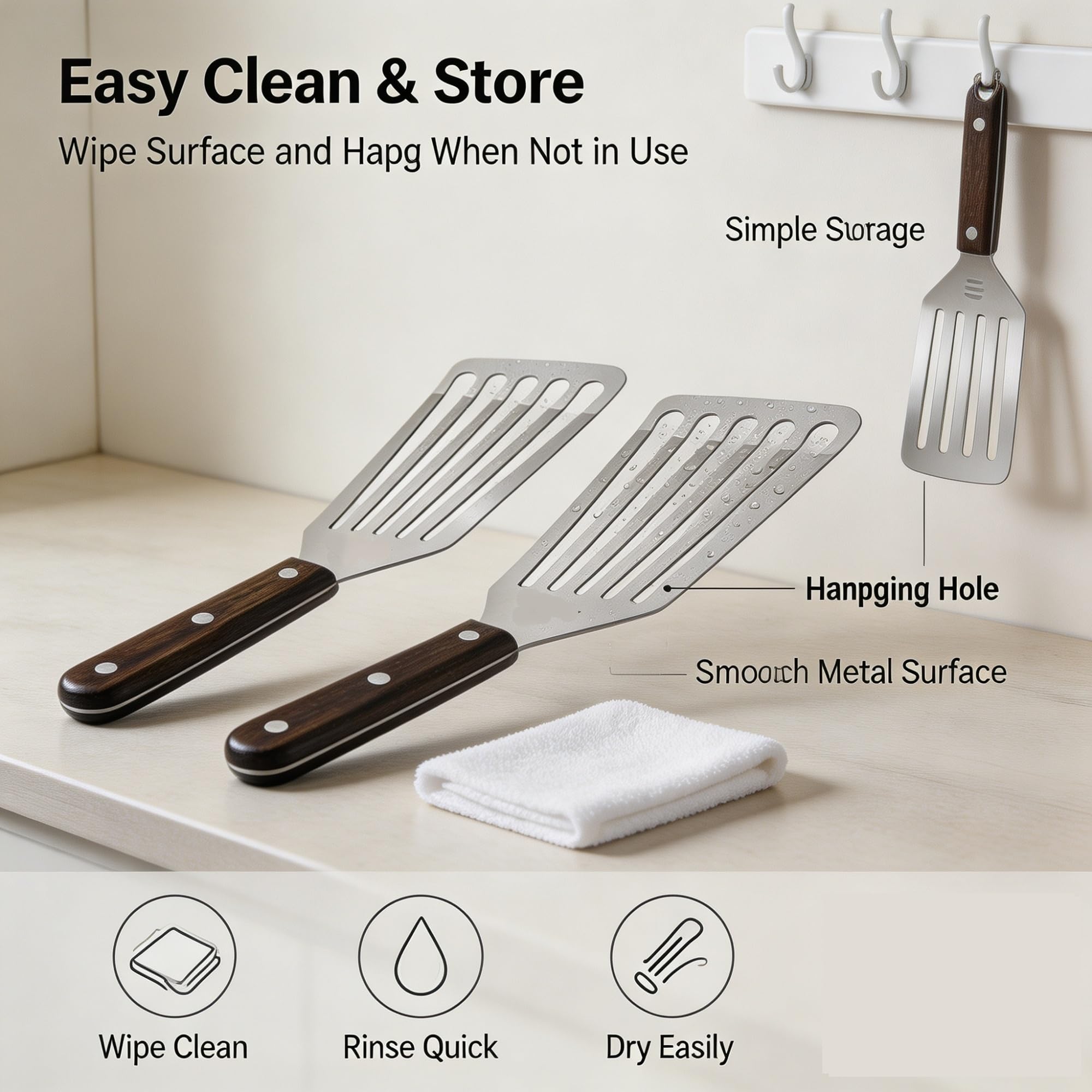 Genérico Paquete de 2 espátulas for Pescado de Acero Inoxidable | Volteadores ranurados de acero inoxidable con mangos de madera for uso en plancha y sartén.(4pc fish spatula)