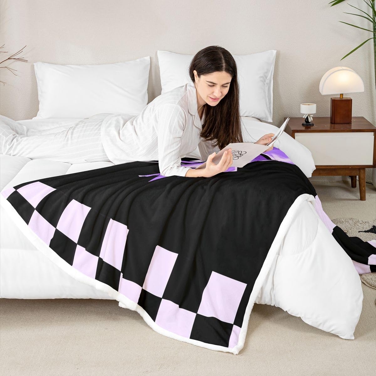 Feelyou Black Purple Bow Sherpa Blanket Plush Fuzzy Cute Princess Fleece Throw Blanket Girls Buffalo Check Plaid for Bed Couch Chair Living Room Elegant Girly Bedroom Coquette Aesthetic Baby 30"x40"