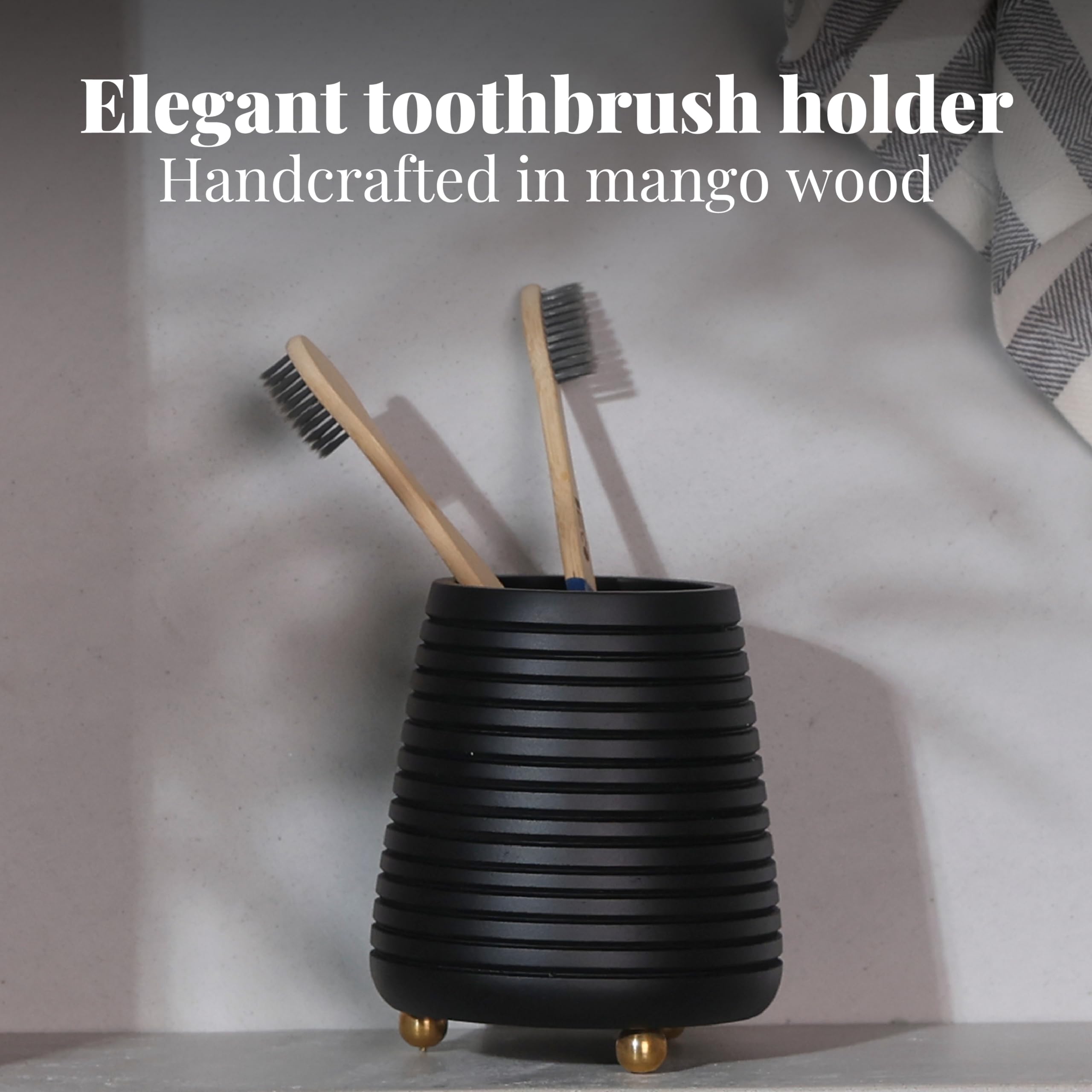Folkulture Soporte para Cepillo de Dientes para baño, Organizador de Madera Negra de 4 x 3 y encimera de Almacenamiento, Soporte para Cepillado de Dientes