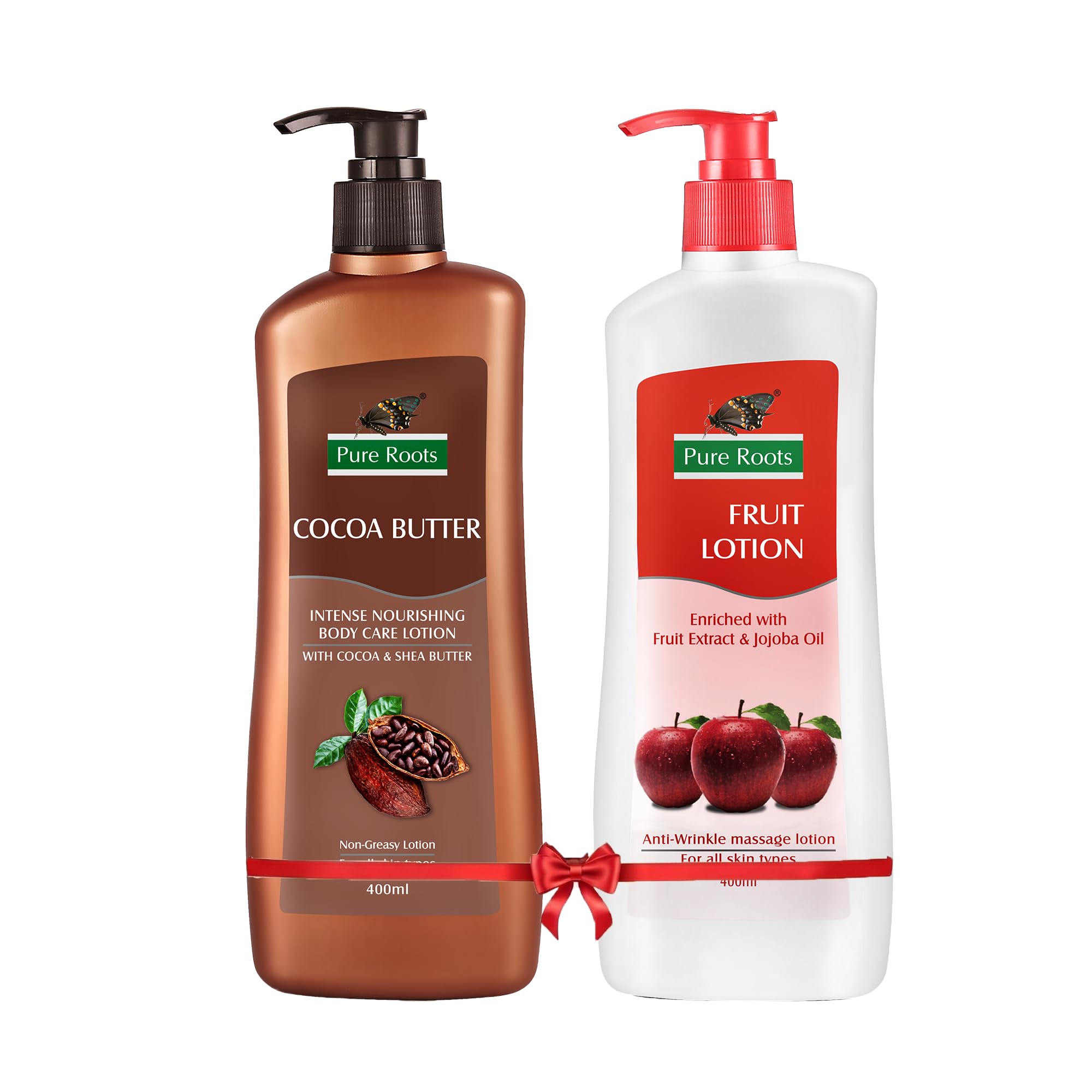 Pure Roots Body Lotion Combo – Fruit Lotion & Cocoa Butter (400ml x 2) | Pack of 2 Moisturizing Body Lotion for Men & Women | Fast Absorbing, Non-Sticky | Deep Nourishment & Instant Hydration for All Skin Types | All Season Use-image-3