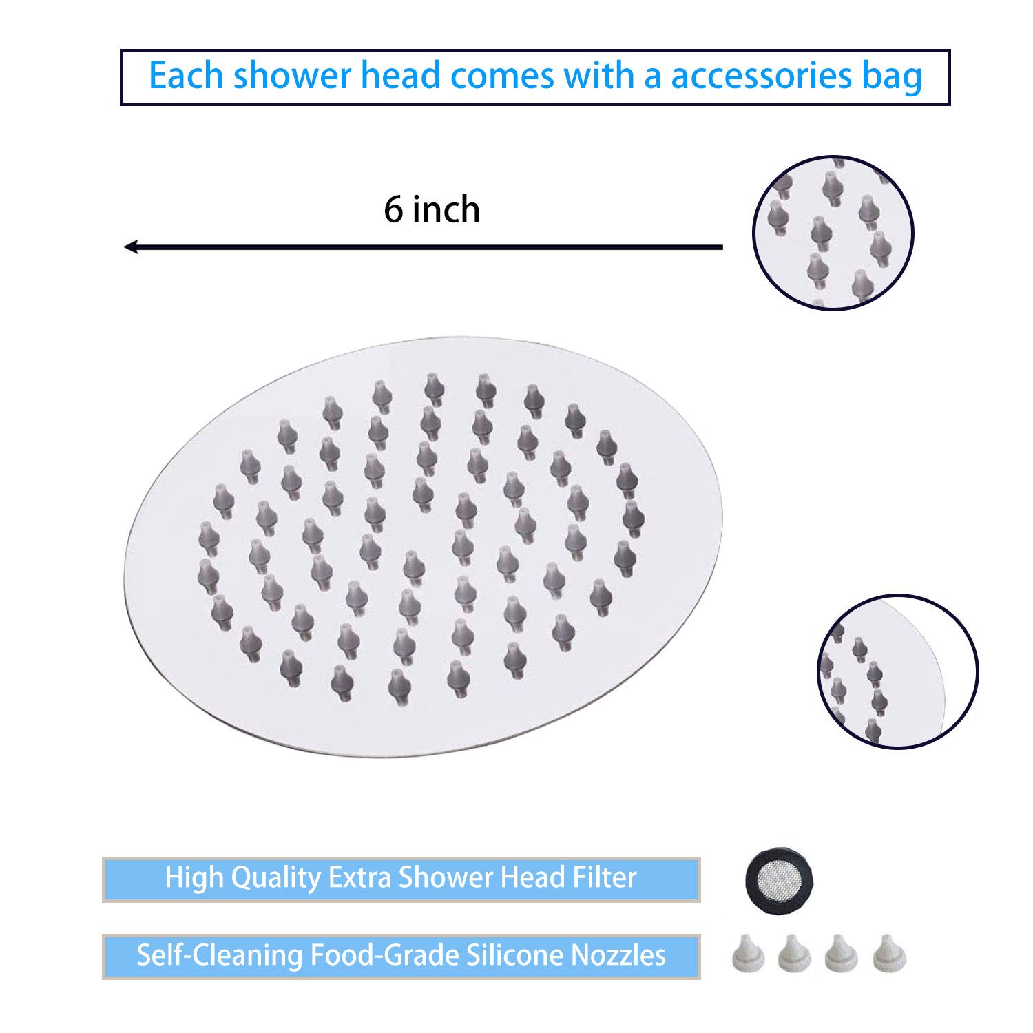 Cabezal de ducha redondo de acero inoxidable de 6 pulgadas, cabezal de ducha Rainall de alta presión, diseño ultrafino, el mejor aumento de presión con boquilla de silicona, accesorios de baño