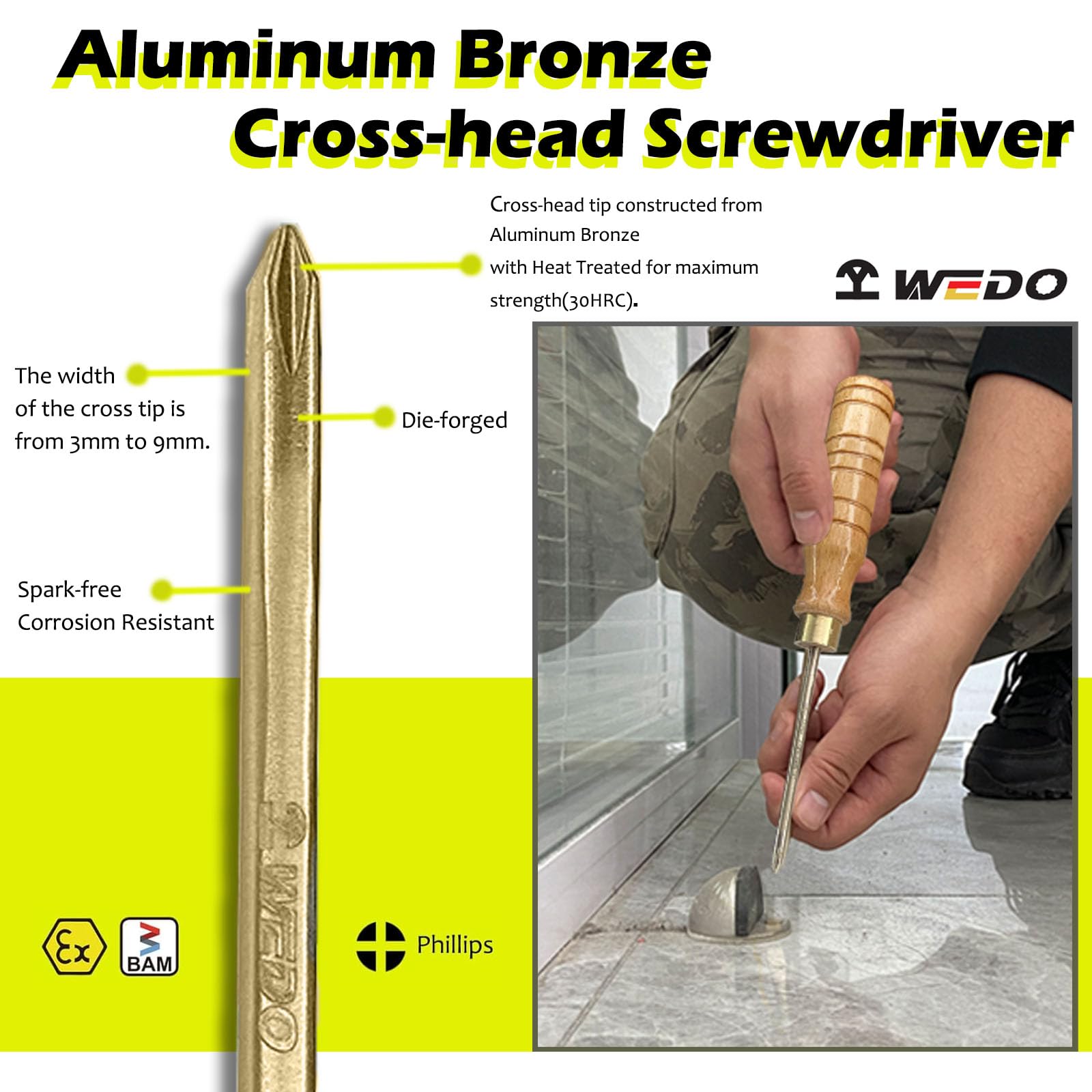 WEDO Śrubokręt krzyżakowy nieparkingowy z drewnianym uchwytem, bezpieczny śrubokręt krzyżakowy bez iskier, brąz aluminiowy, standard DIN, certyfikat BAM i FM, 50 cm, 9 x 350 mm