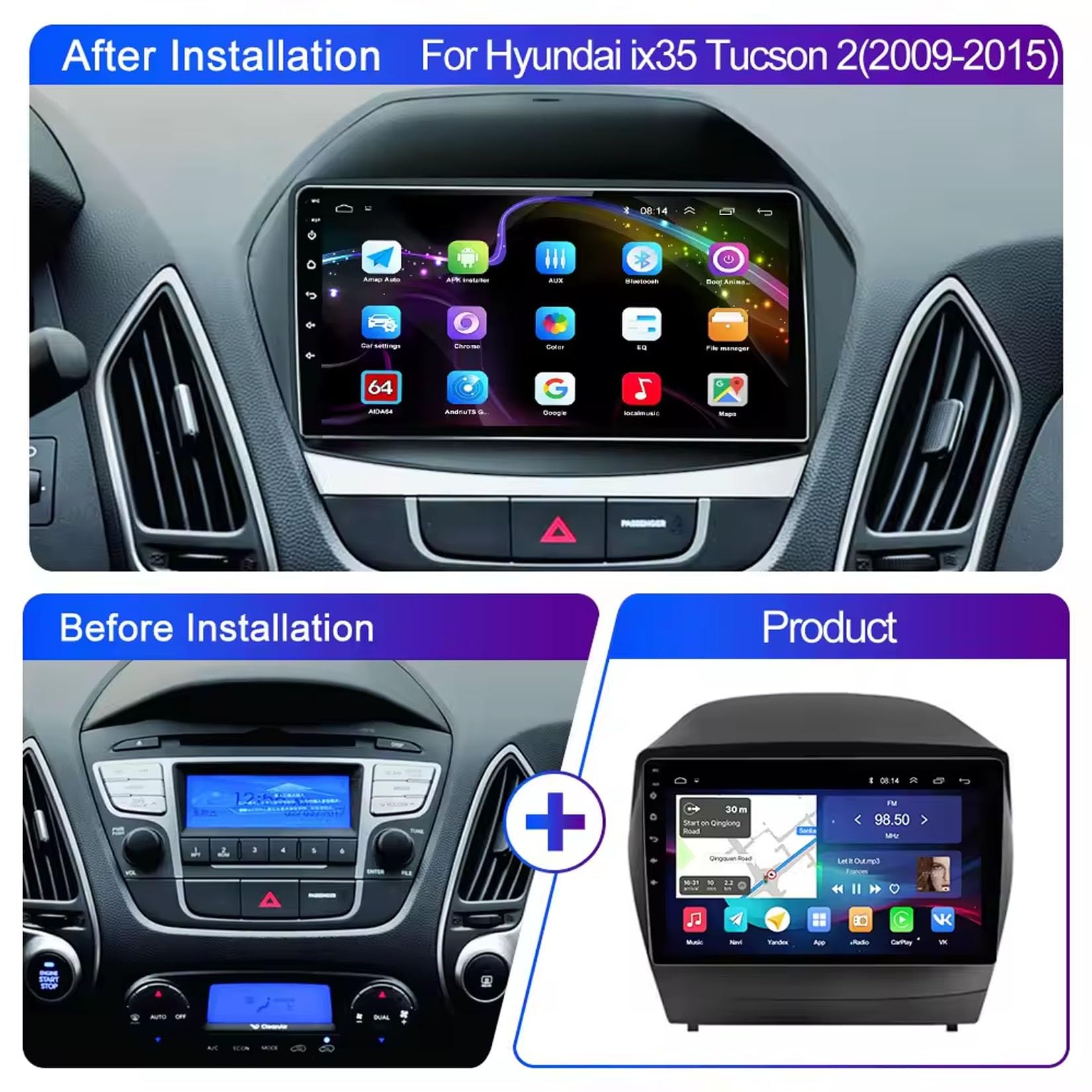 9-calowy, podwójny DIN, samochodowy system stereo z systemem Android 15 do Hyundaia IX35 Tucson 2 2009-2015 z kamerą tylną Car Play, sterowaniem z kierownicy, Bluetooth, GPS, radiem FM i WIF