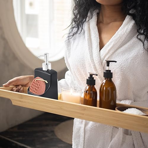 Miniatura 4 de Dispensador de jabón de cerámica con soporte para esponja, plato líquido recargable de 10 onzas o botella de bomba de jabón de manos para fregadero