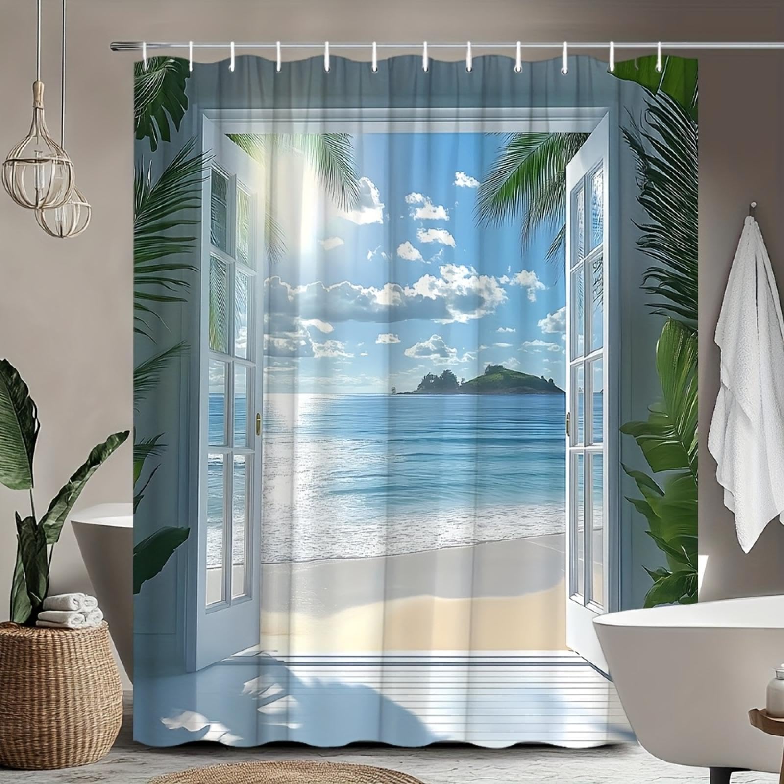Rideau de douche panoramique océan et plage avec 12 crochets pour décoration de salle de bain