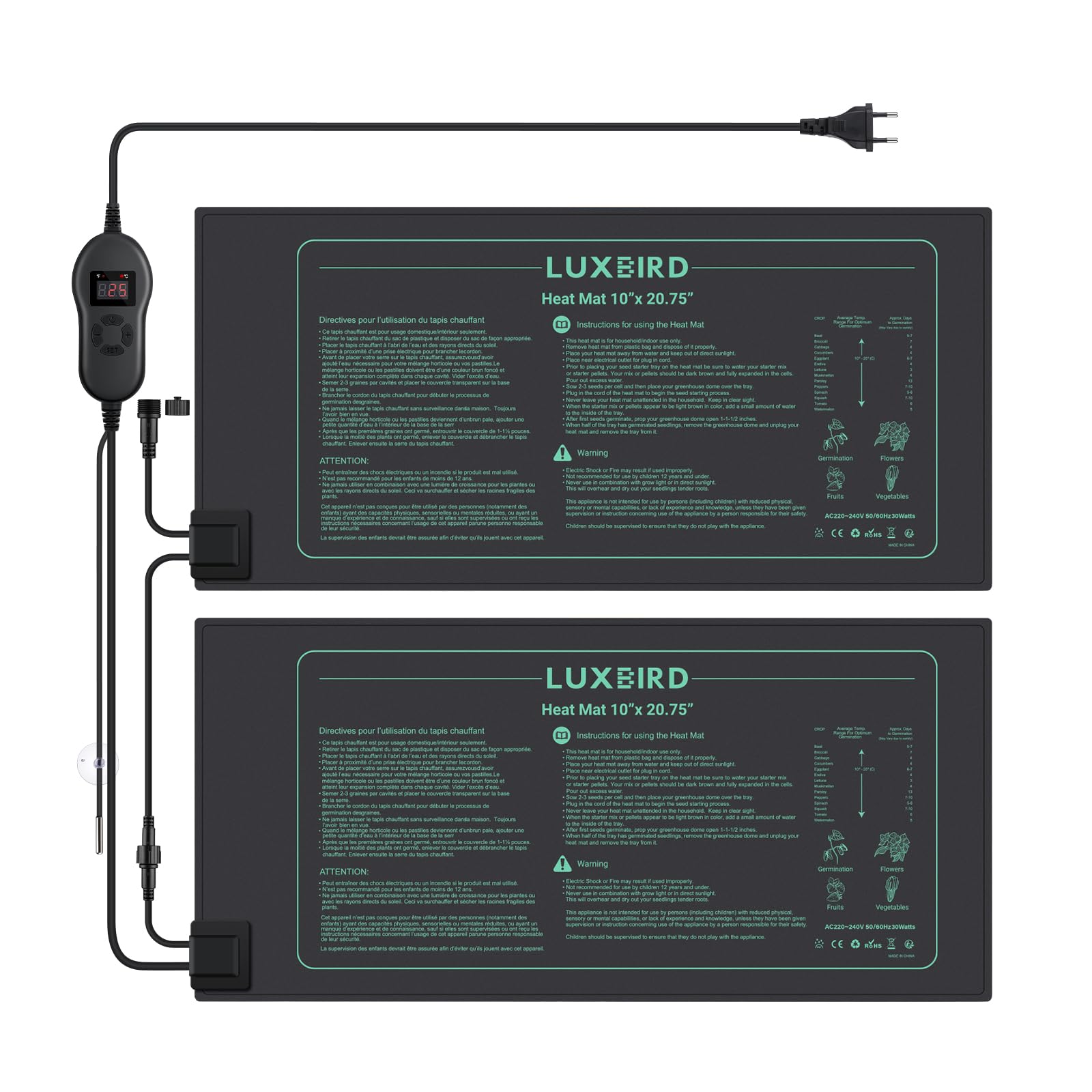 Luxbird Mata grzewcza z termostatem, 2 mat grzewczych z 1 kontrolerem, 30 W, sterowanie jeden do wielu, wodoszczelność IP67, 52,7 x 25,4 cm
