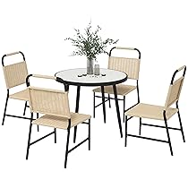 Outsunny Set da Giardino da 5 Pezzi in Rattan PE, Set di Mobili da Giardino con Tavolo in Vetro Effetto Marmo e 4 Sedie, per Terrazza e Giardino, Colore Cachi