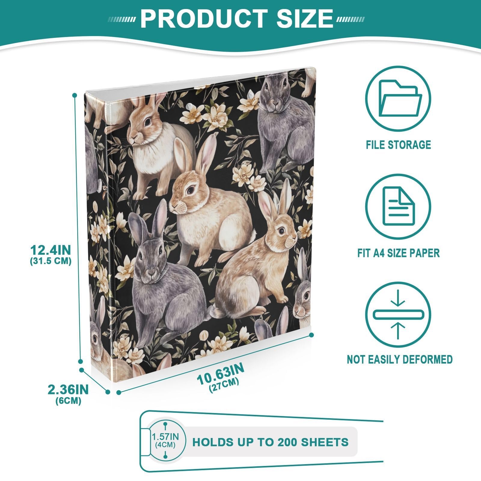 Confezione da 2 raccoglitori ad anelli realistici dipinti con conigli, fiori beige, con tasche, grandi, per scuola, università, ufficio