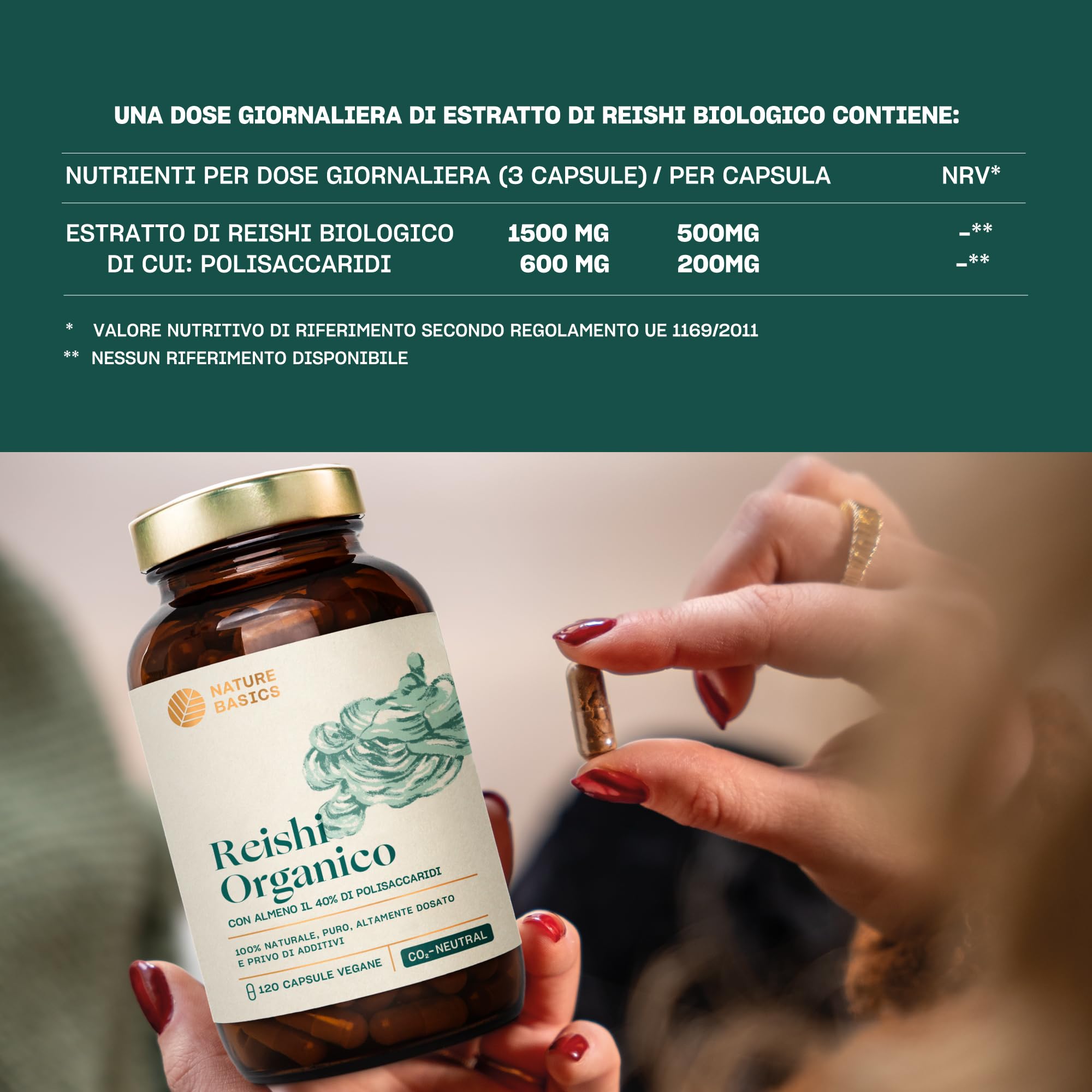 Reishi biologico - 120 capsule ad alto dosaggio / 1500 mg di estratto di Reishi biologico di alta qualità con 600 mg di polisaccaridi per dose giornaliera/Vegano e certificato