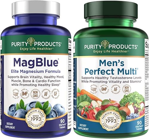 Purity Products MagBlue + Perfect Multi MagBlue para hombre (bisglicinato de magnesio tamponado con quelato + vitamina D3 + más) - Multivitamínico