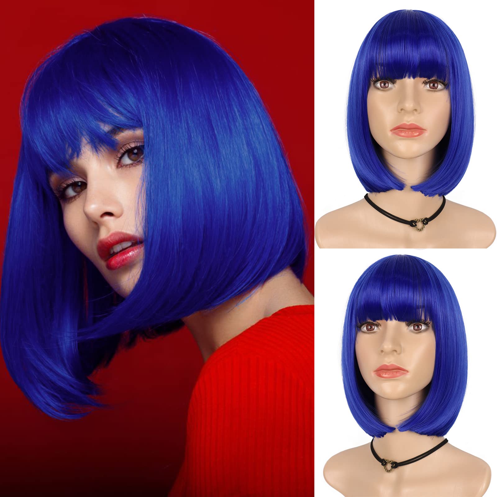 TERESHAR Dark Blue Bob Wig with Bangs Women's Costume Wigs Short Straight Colored Heat Resistant Women’s Wig for Fun Party Mia Wallace Cleopatra Cosplay Costume (12 Inch)
