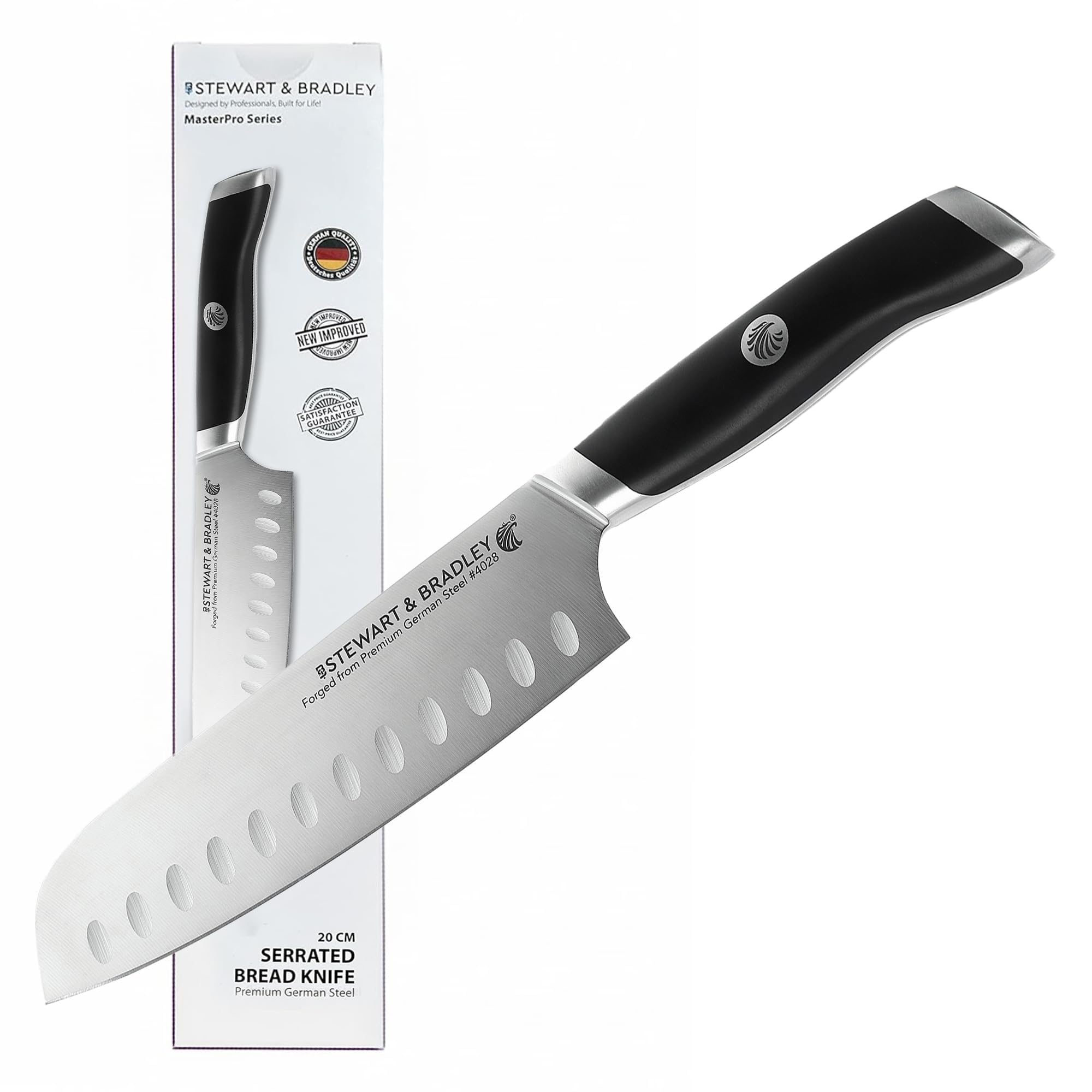 STEWART & BRADLEY MasterPro Series Santoku Knife – 18cm (7-Inch) Full Tang German Steel Kitchen Knife with Ergonomic Handle – Precision Engineered for Slicing, Dicing, Mincing & Chopping