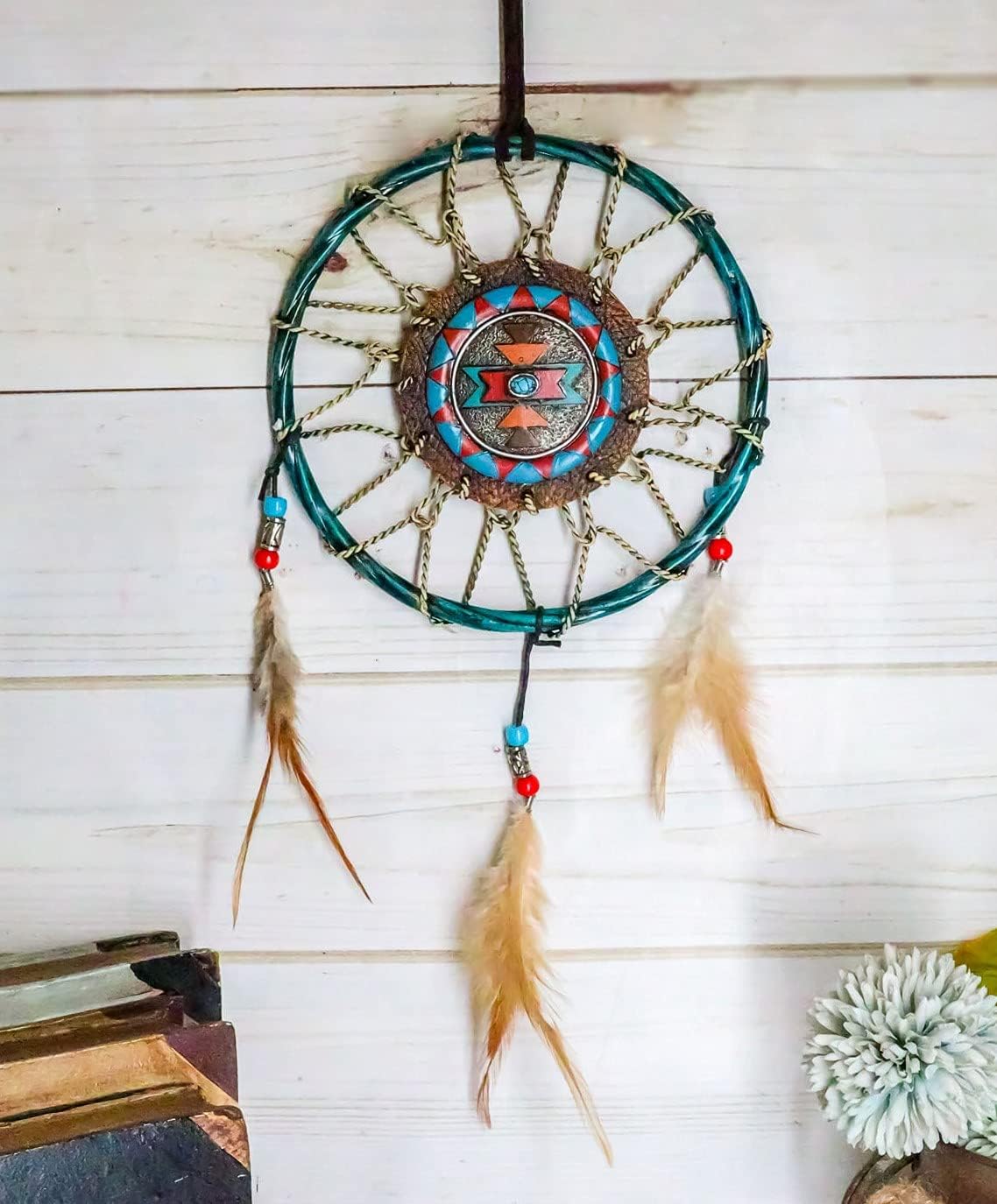Ebros Native American Healing and Protection Blue Sky Stone Turquoise Dreamcatcher with Beaded Feathers Wall Hanging Decor 6.5" Diameter Decoration Ornament Hanger for Home and Office
