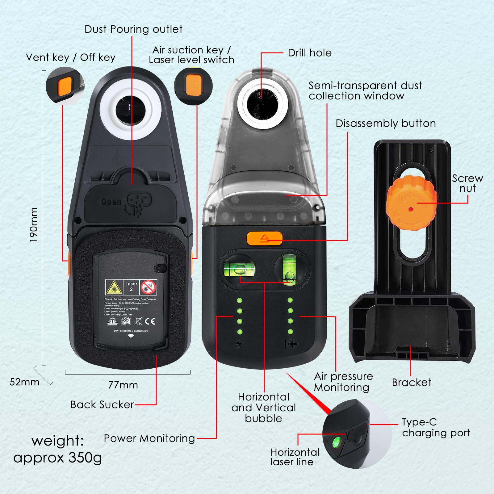 Aspirapolvere per Trapano Elettrico 3 in 1, Capacità di Carico 5KG, Supporto a Parete con Livella, Laser Verde da 2 Metri, Grado di Protezione IP54, per Falegnameria e Costruzioni Edilizie