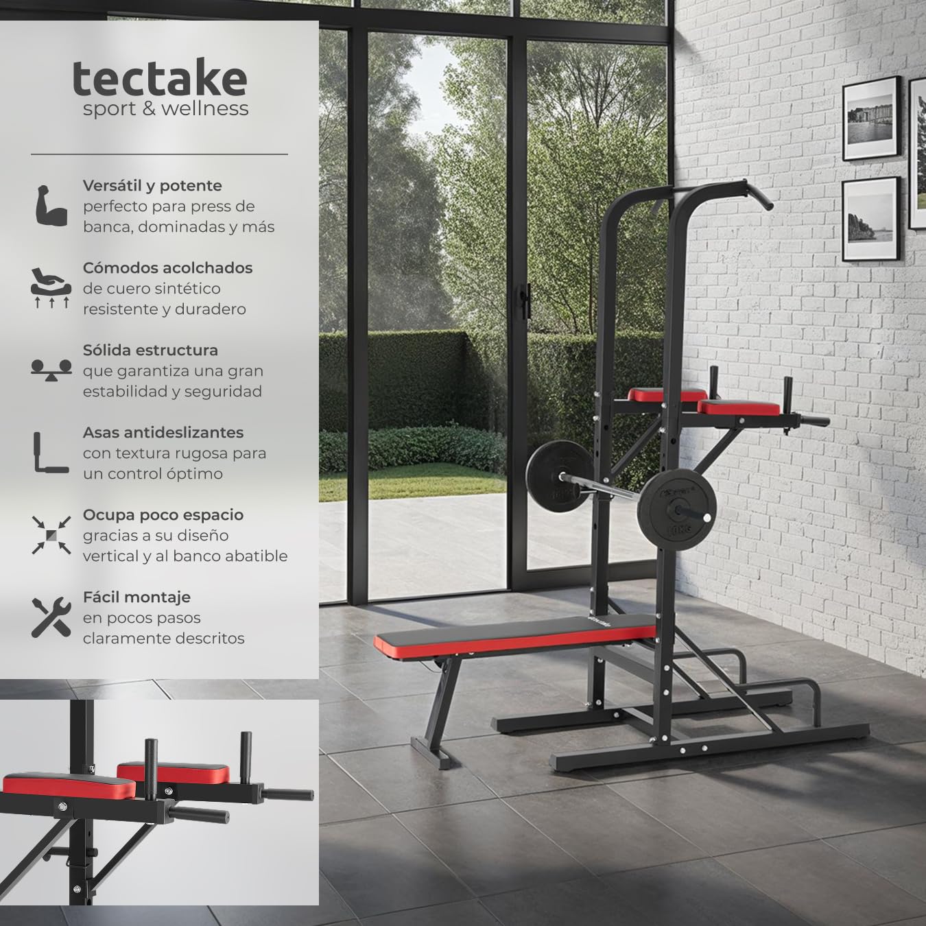tectake® Banco Musculación Multifuncional, Plegable, Barra Dominadas, Soporte Barra Pesas, Multiestación Musculación, Gimnasio en Casa, Ejercicio en Casa, Fitness - Negro