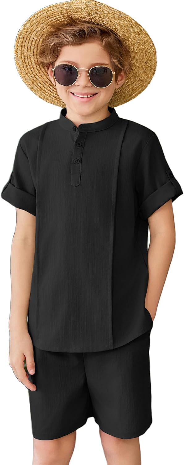 Arshiner Boy’s 2 Pieces Linen Sets Short Sleeve Henley Shirt and Shorts Summer Beach Matching Outfits 5-12 Years