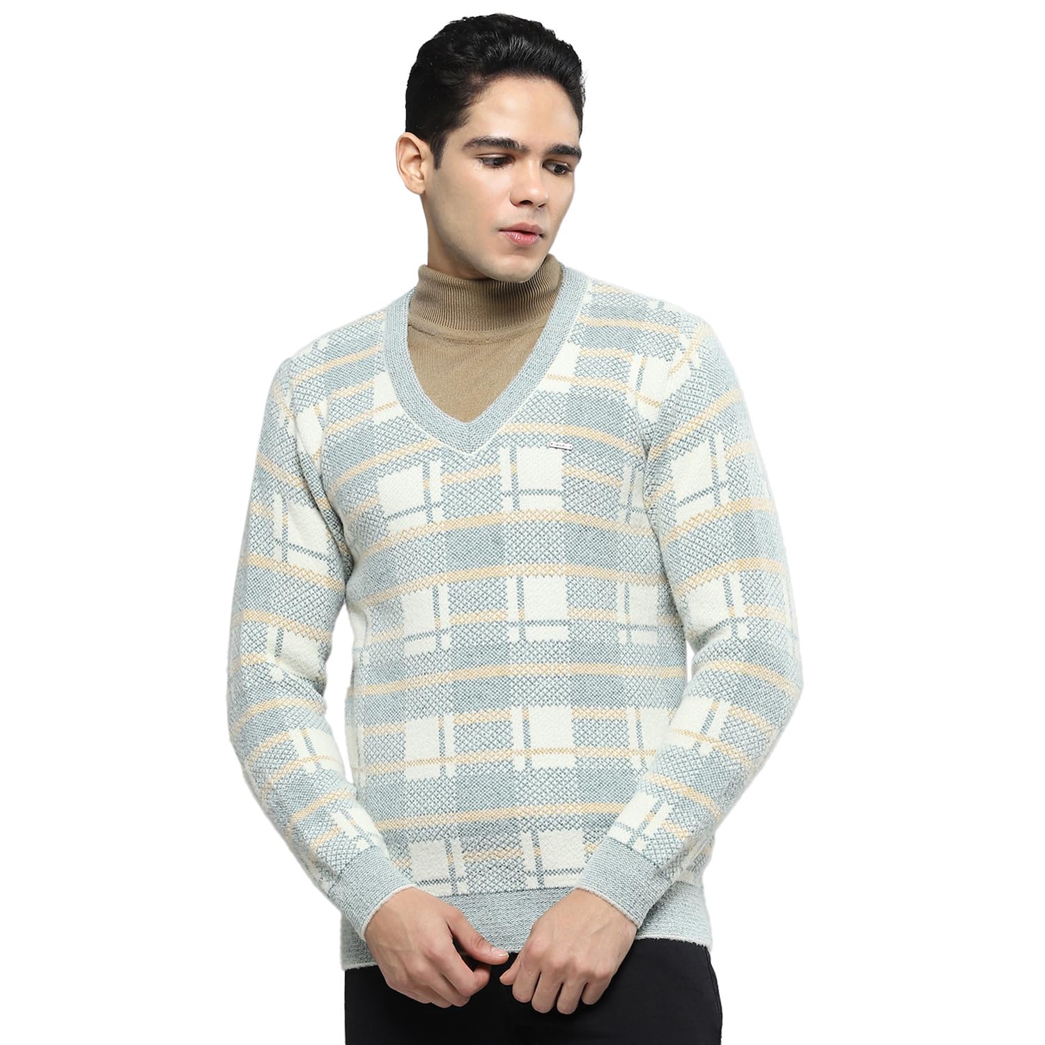 cloak & decker Mens Self Design Grey V Neck Full Sleeves Pullover-picture-34