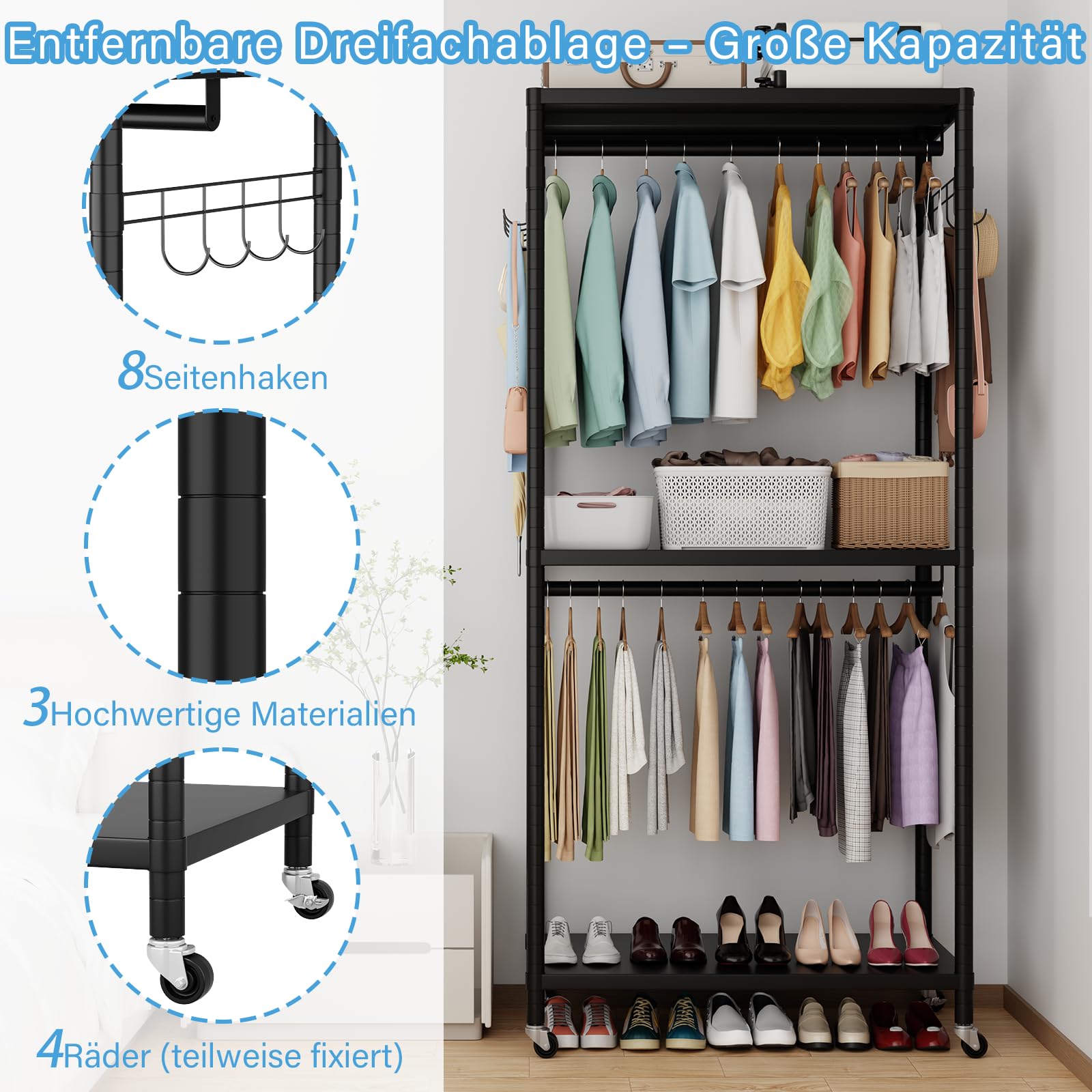 AQRA Offener Kleiderschrank, Fahrbarer Schwerlast Kleiderständer aus Metall | Auf Rollen, Tragkraft 200kg, 2 Kleiderstangen, 3 Ablagen, 2 Haken, Maße 90×40×200cm