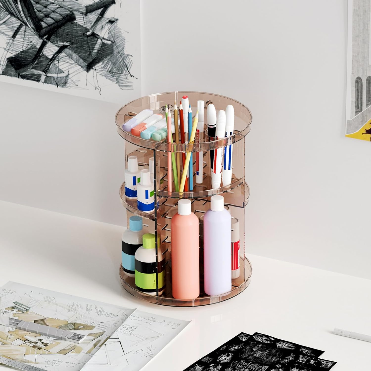 Rotating Makeup Organizer Countertop, DIY Adjustable Trays Spinning Skincare Organizers, Cosmetic Display Shelf with Perfume & Brush Holder, Multi-Function Desk Storage Carousel for Vanity Bathroom - Image 7