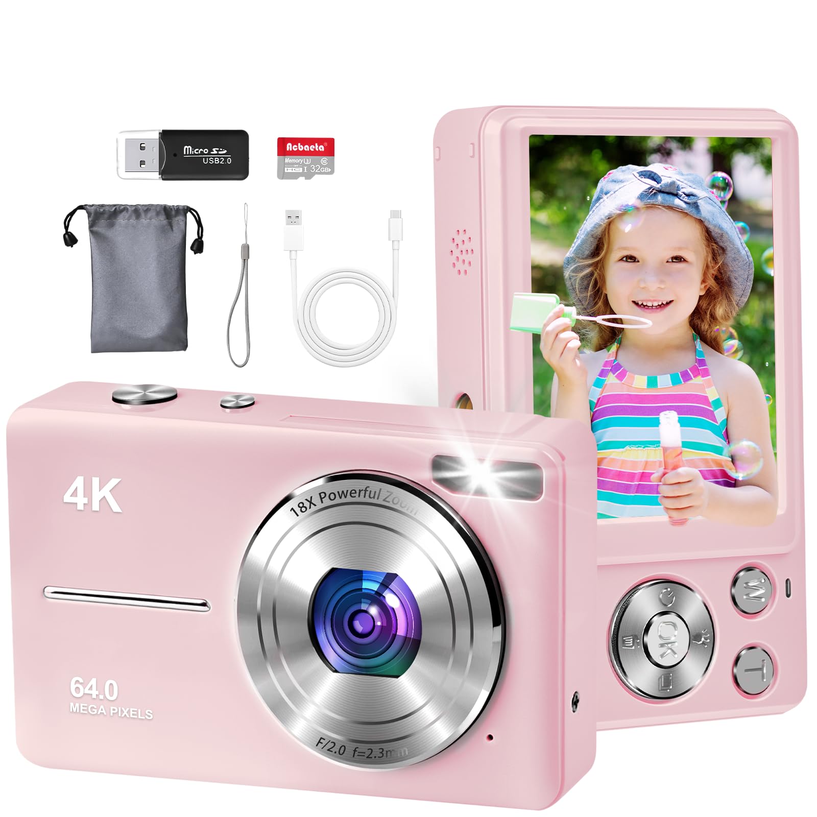 4K Digital Camera for Photography, Autofocus 64MP Vlogging Camera, 32GB TF Card, 2.8'' LED Screen, 18X Zoom, Anti-Shake, Portable YouTube Point and
