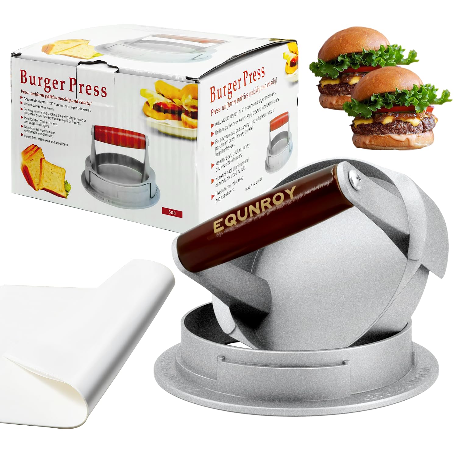 Hamburger Press Patty Maker, 3-in-1 Adjustable Burger Shaper Mold (1/2 lb, 1/3 lb, 1/4 lb) with 10 Parchment Papers, Cast Aluminum Stuffed Burger Ring & Slider Maker, Non-Stick & Easy Clean