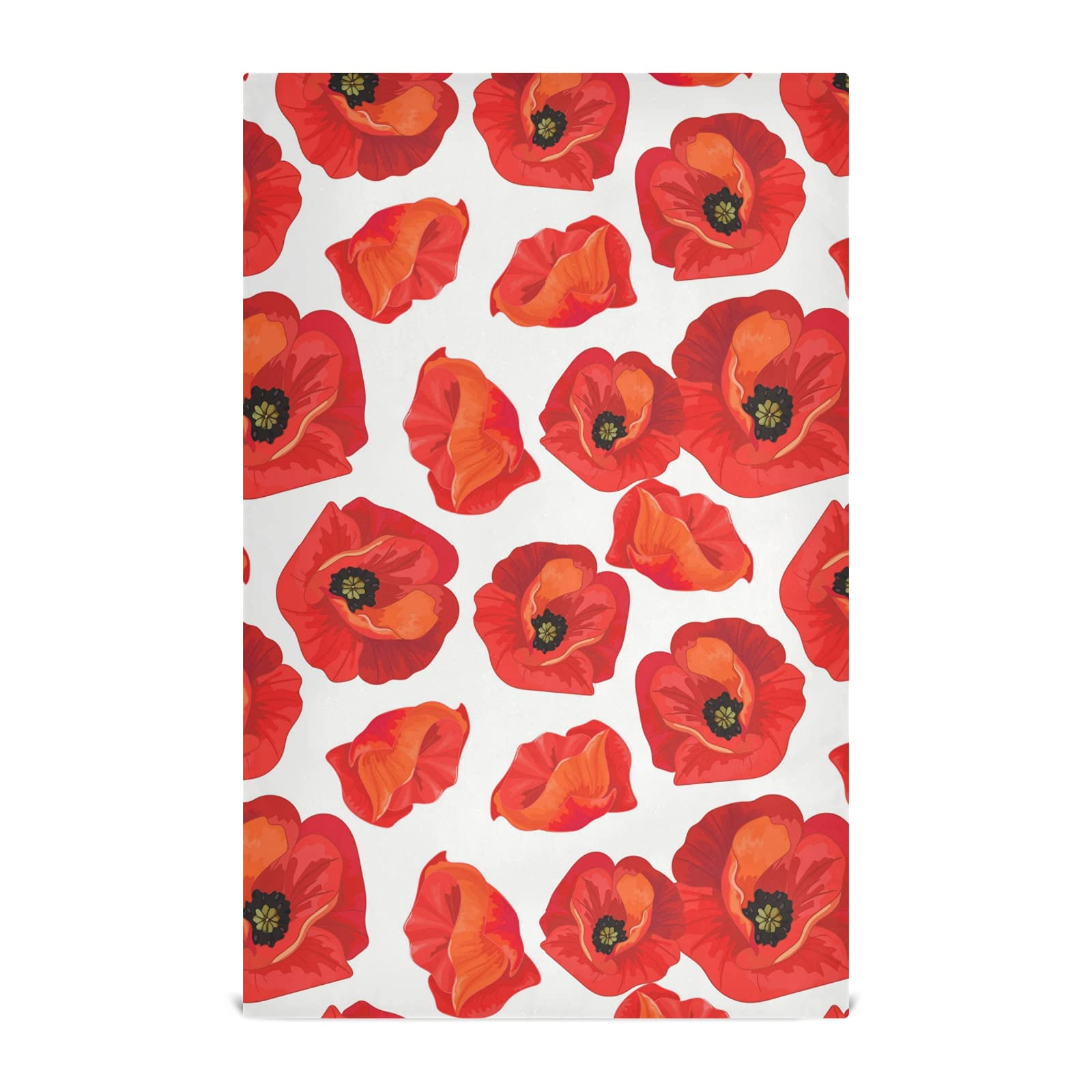 Seamless Floral Red Poppies Summer Floral Pattern on White 1 Pack Polyester Kitchen Dish Towel, Hand Bar Tea Towels with Hanging Loop, Hemmed NapkinTowel Dishtowels Waffle Dishcloths