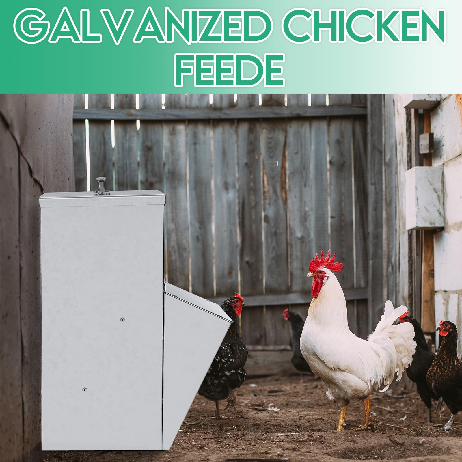 Uiifan 2 comederos galvanizados para pollos resistentes a la intemperie, dispensador de alimentos para aves de corral con tapa, dispensador de alimentos para pollo, alimentador de patos, comedero de