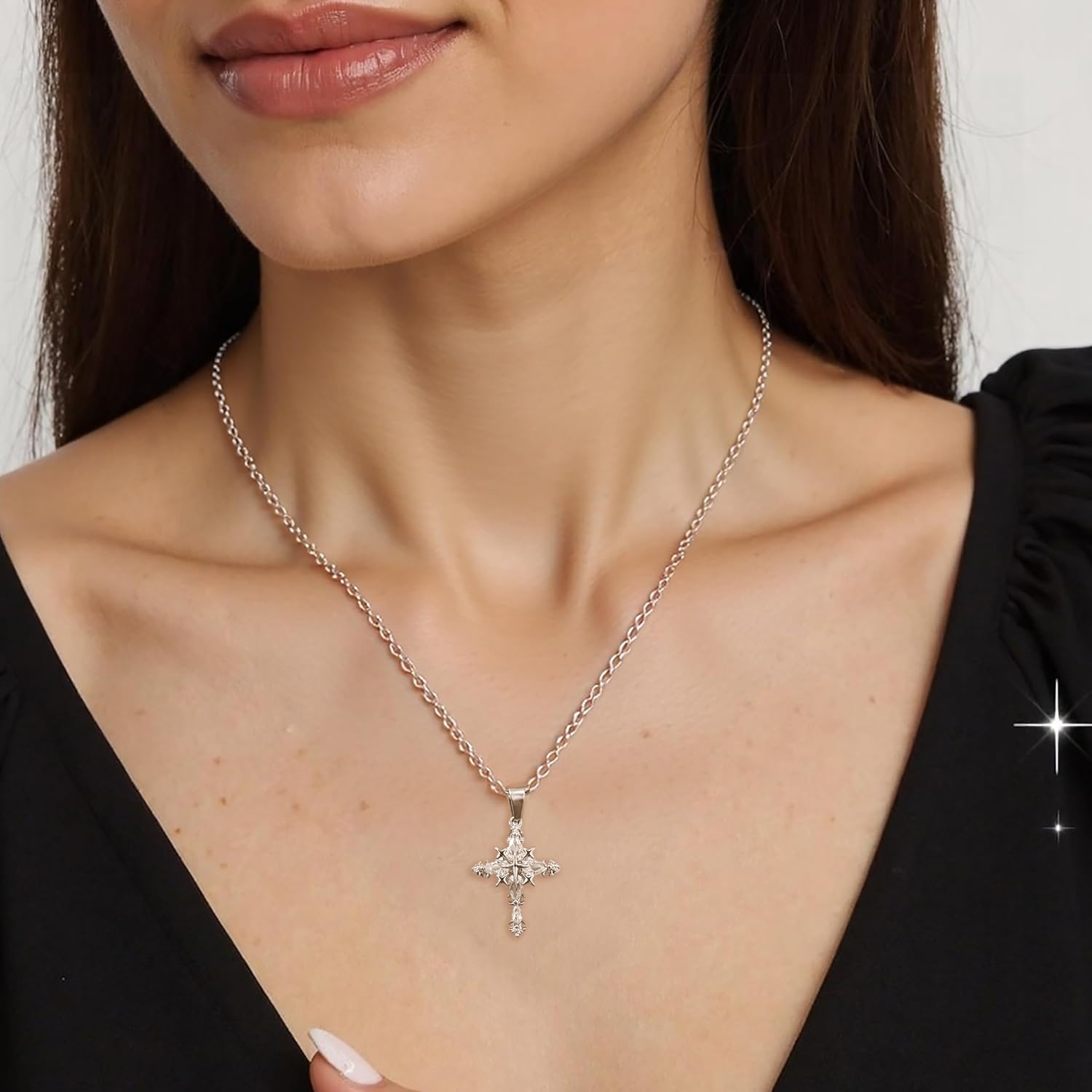 Double Cross Necklace Y2k Irregular Diamond Embedding Trend Hip Hop Fashion Retro Pendant Necklace - Image 3