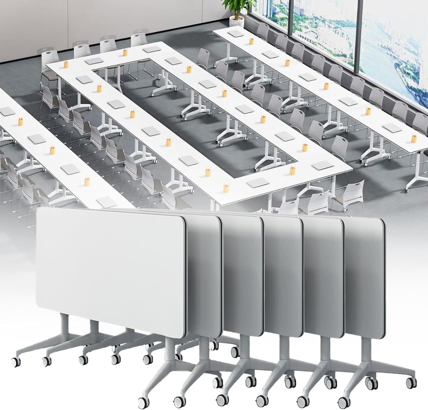 Folding Conference Table with Lockable Wheels, Conference Room Training Room Flip Top Mobile Training Table, Foldable Meeting Tables for Office Home Classroom (6pack 70.9in)