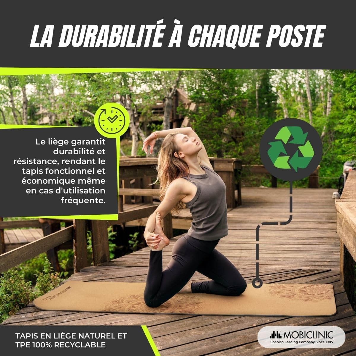 Mobiclinic®, Tapis de yoga liège naturel, Antidérapant, Sac transport, Antimicrobien, 4mm d'épaisseur, 100% TPE recyclable, 183x61cm, Mandala design, Ey-02, Pilates, Fitness