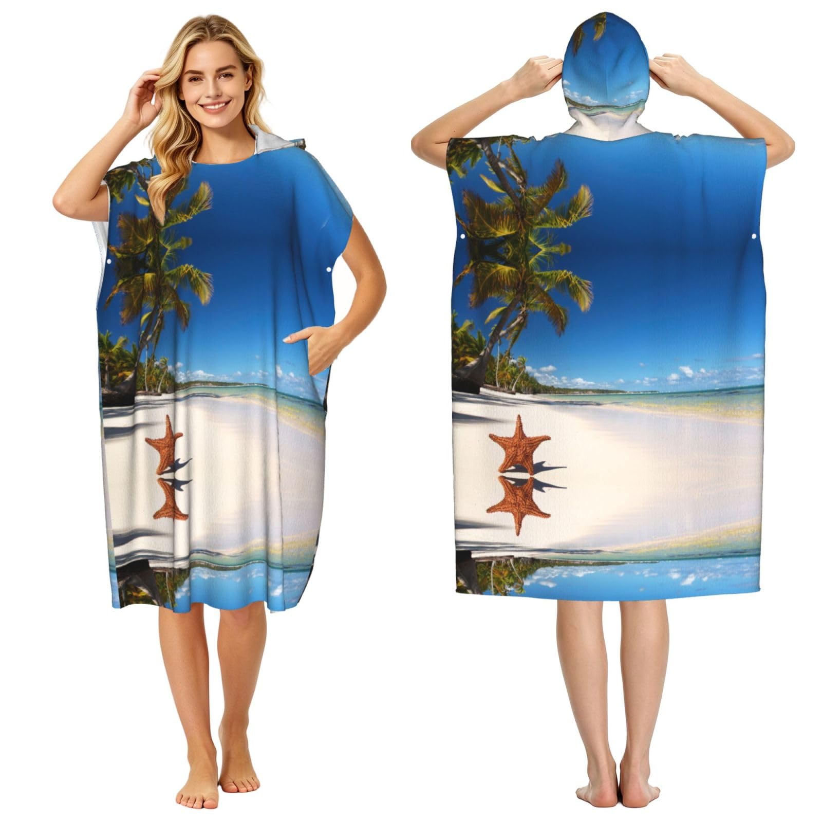 EZDLOWVBA Coconut Palm Beach Print Hooded Poncho Microfiber Beach Towel,Adult Women & Men Changing Robe,Lightweight Summer Surf Swim Bath Poncho Towel