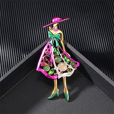 Rhinestone Lady Brooch Pin for Women Girls Fashion Pink Green Crystal Enameled Hat Bag Brooches Lapel Pins Breastpin Sorority Sisterhood Dress Accessories Jewelry Dainty Gift Souvenir