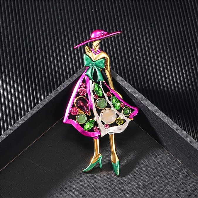 Rhinestone Lady Brooch Pin for Women Girls Fashion Pink Green Crystal Enameled Hat Bag Brooches Lapel Pins Breastpin Sorority Sisterhood Dress Accessories Jewelry Dainty Gift Souvenir