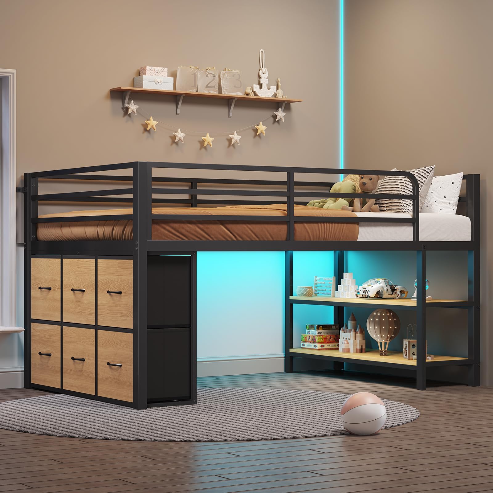 BTHFST Low Loft Bed Twin Size with 6 Storage Drawers, LED Lights Loft Bed