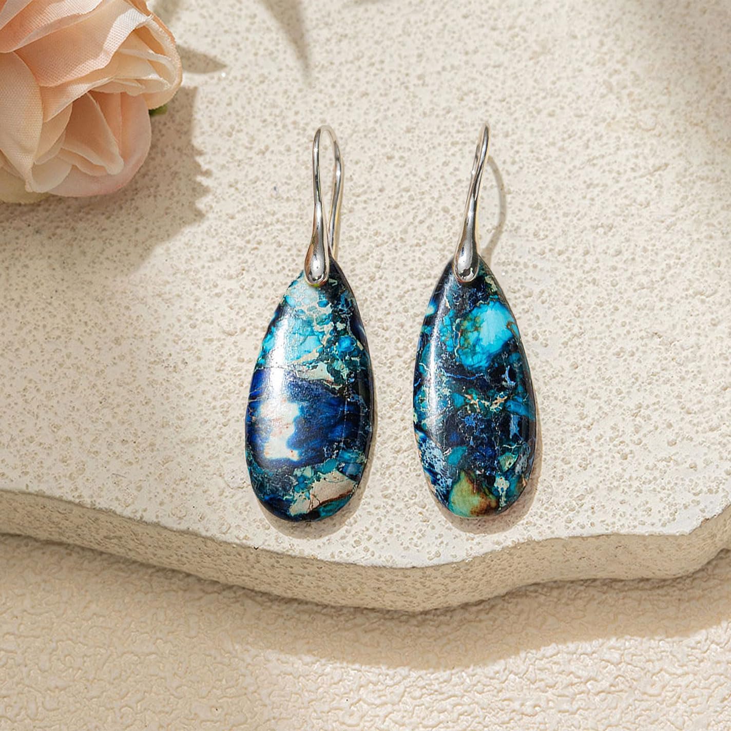 925 Sterling Silver Natural Imperial Jasper Dangle Drop Earrings, Waterdrop Shape, Boho Style - Image 5