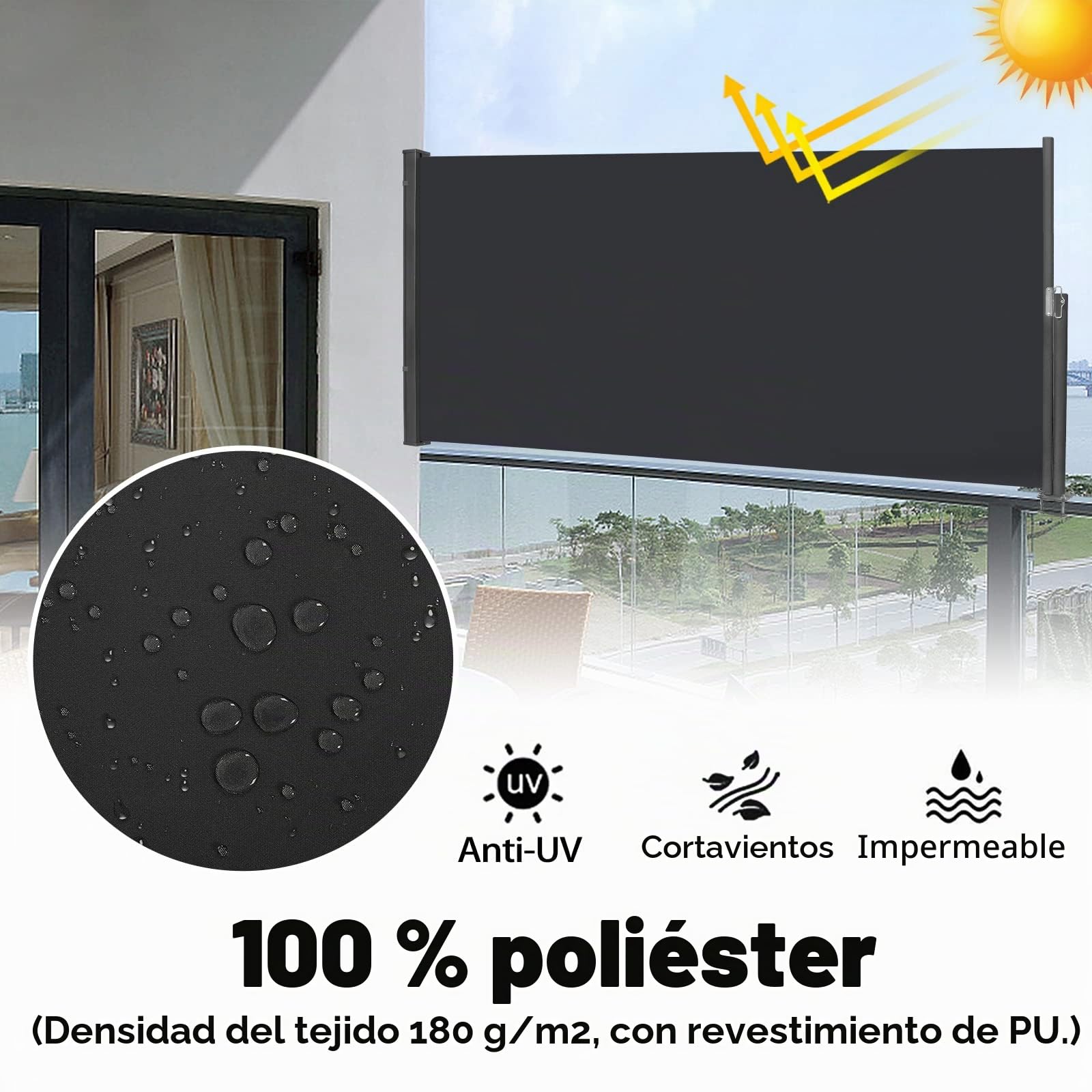 NAIZY Toldo Lateral retráctil 100x300 cm Protección de privacidad retráctil 100% poliéster Toldo UV con asa para balcón, terraza y jardín - Antracita