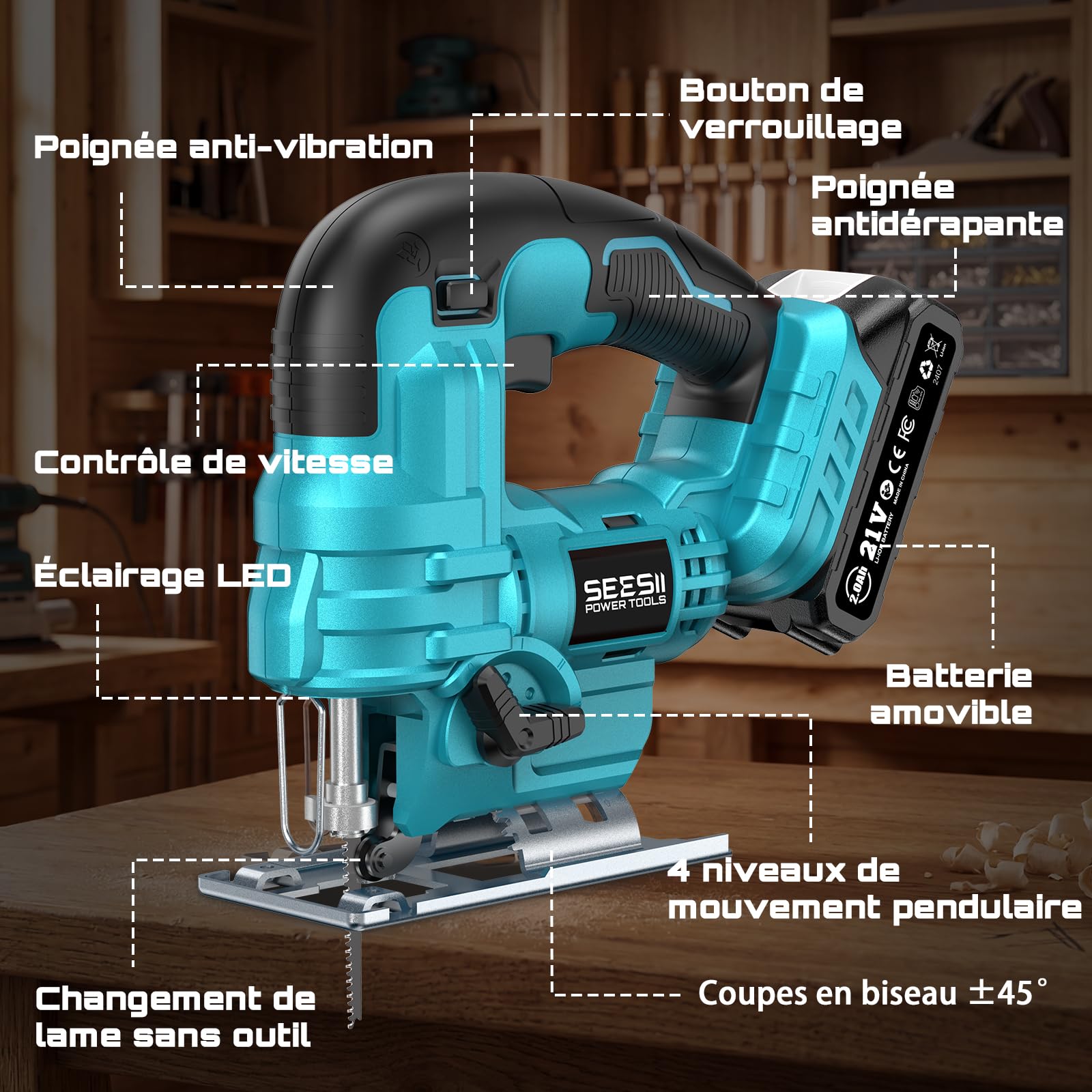 Seesii Scie Sauteuse Sans Fil 21V, Scie Sauteuse Électrique avec 2 × 2.0Ah Batteries, 2800 RPM Vitesse Variable pour la Coupe du Bois, 0°-45° Coupe en Biseau, Lumière LED, 4 Réglages Orbitaux