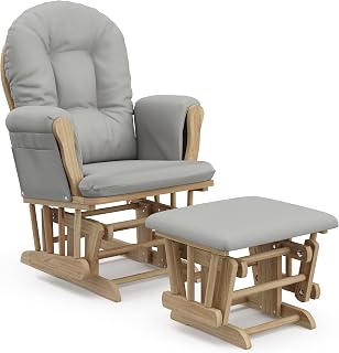 Storkcraft Premium Hoop Glider & Ottoman Natural/Light Gray - GREENGUARD Gold Certified Solid Wood Nursery Glider, Smooth Glide, Award-Winning Storage Pockets