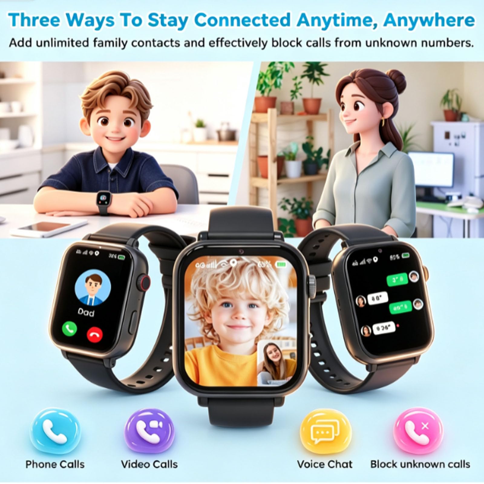 Berilona 4G Orologio da polso per bambini, GPS Smartwatch per ragazze ragazzi con chiamate/video/chat vocale, SOS, modalità scuola, allarme, pedometro, giochi smart watch per bambini 4-12 regalo, nero