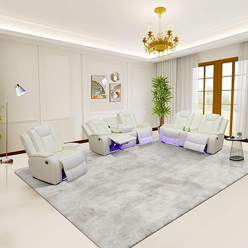 Juego de sillón reclinable eléctrico con luces LED, juego reclinable de cuero con puerto USBcargador inalámbricoconsola de almacenamientoportavasos