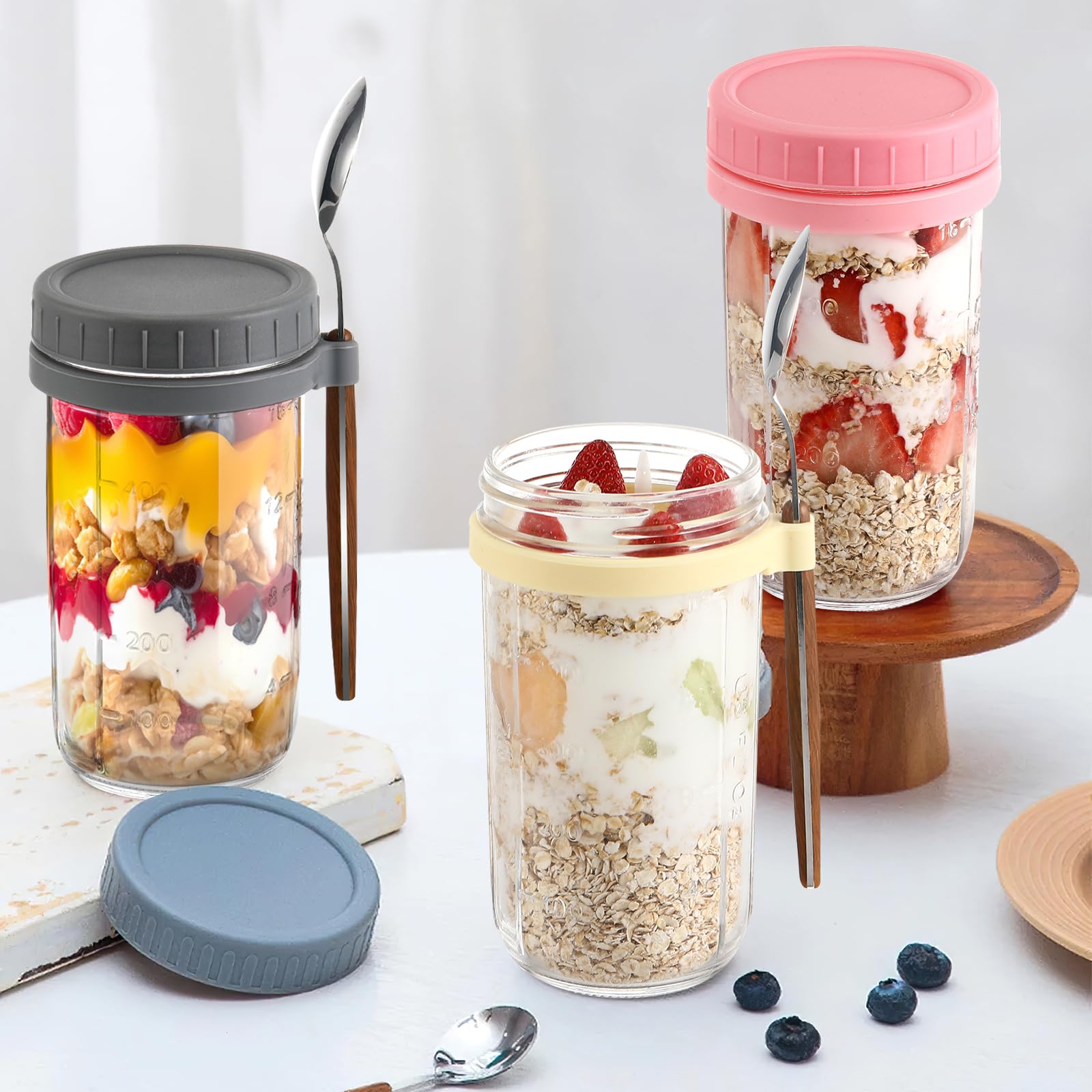Pavlleen Tarros de Cristal 600ml con Tapa y Cuchara - Tarros de Avena Nocturna Portátil, Mason Jars con Medidor para Cereales, Leche, Yogur y Fruta
