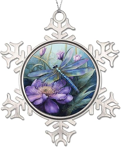 Adorno de Navidad floral y libélula morado, adorno de metal de copo de nieve de peltre, recuerdo colgante de árbol, decoración de Navidad,