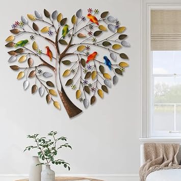Tree of Life Metal Wall Art Decor, Heart Shape Tree Wall Art, Colorful Birds on Branch Wall Sculpture, Metal Tree Wall Decor for Living Room, Bedroom, 24"x24"