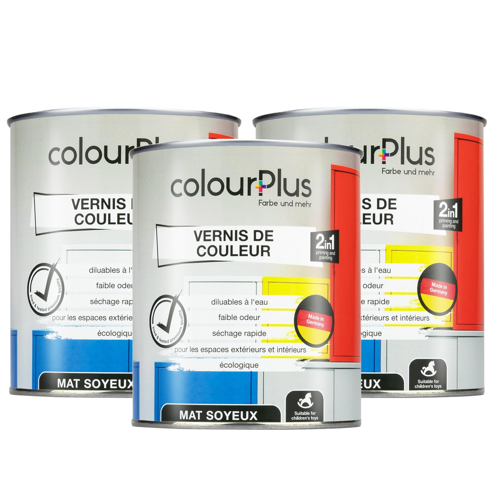 colourPlus® 2-en-1 vernis de couleur (2,25L, RAL 3000 rouge feu) satiné Peinture acrylique - peinture pour jouets d'enfants - peinture pour bois - peinture pour bois intérieur
