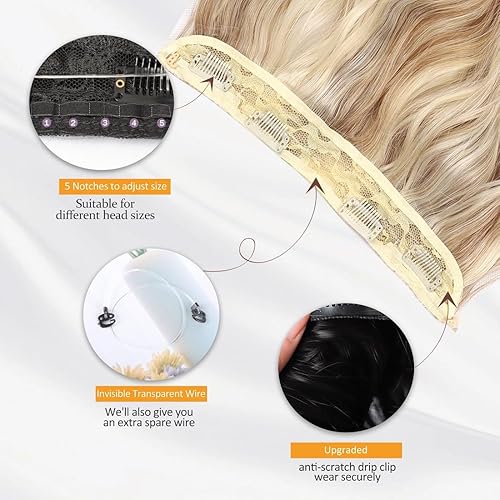 Miniatura 3 de Extensión de cabello de alambre invisible con diadema de alambre transparente, tamaño ajustable, 4 clips de seguridad de 24 pulgadas de largo,