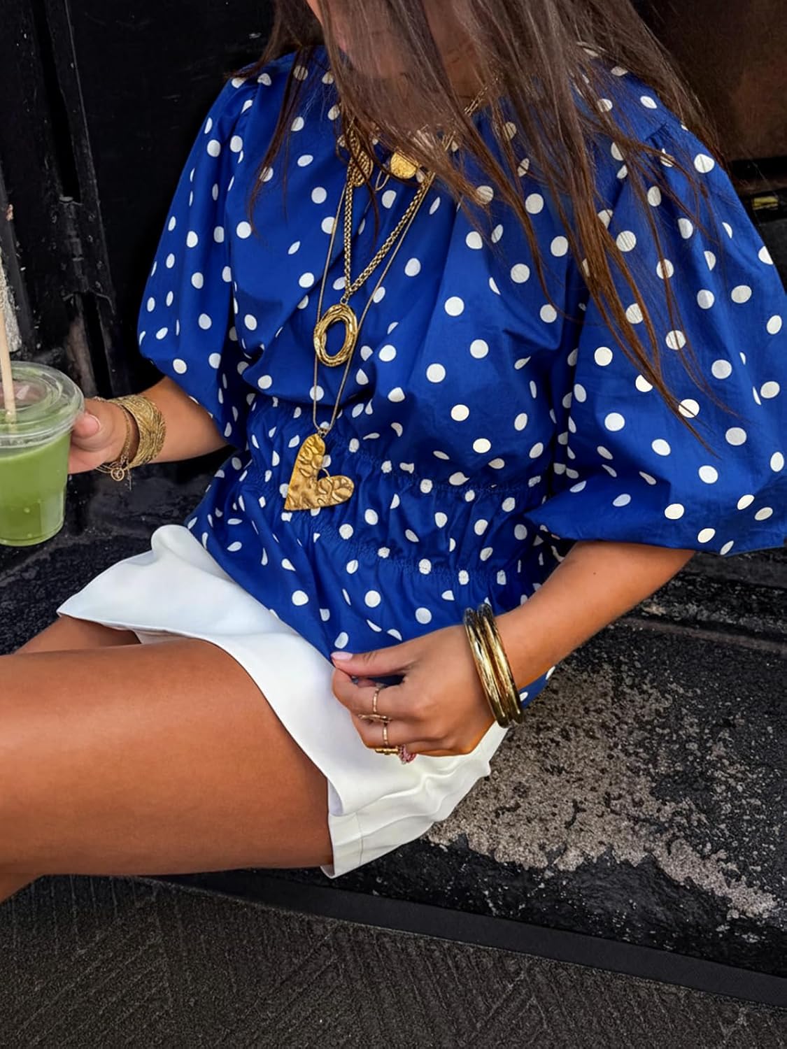 Cicy Bell Womens Polka Dots Peplum Tops Summer Puff Short Sleeve Round Neck Blouses Trendy Casual Shirts - Image 4