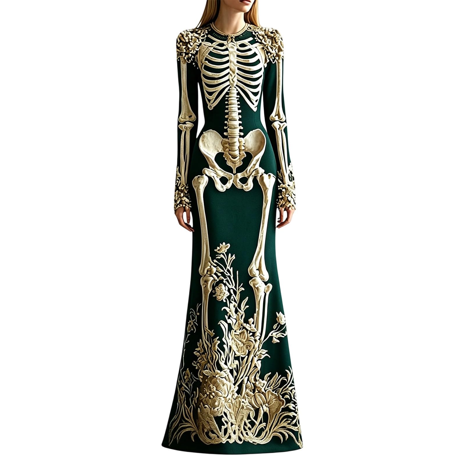 Halloween Costumes for Women Adult Skeleton Costume Long Sleeve Goth Evening Dress Ladies Plus Size 3D Digital Print Floral Maxi Dresses Fashion Womens Halloween Party Cosplay Costume
